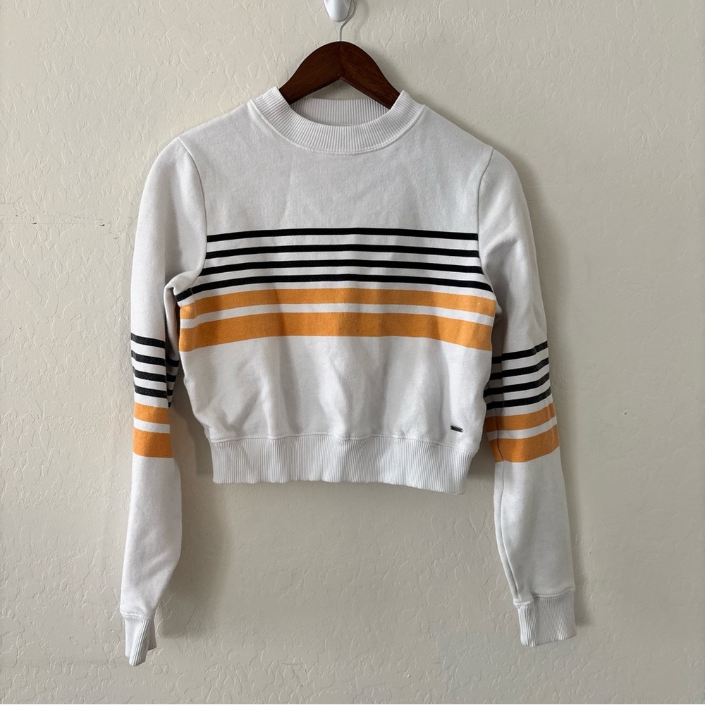 Hollister Women’s Cropped Crewneck Sweater Size S White Striped Yellow Black